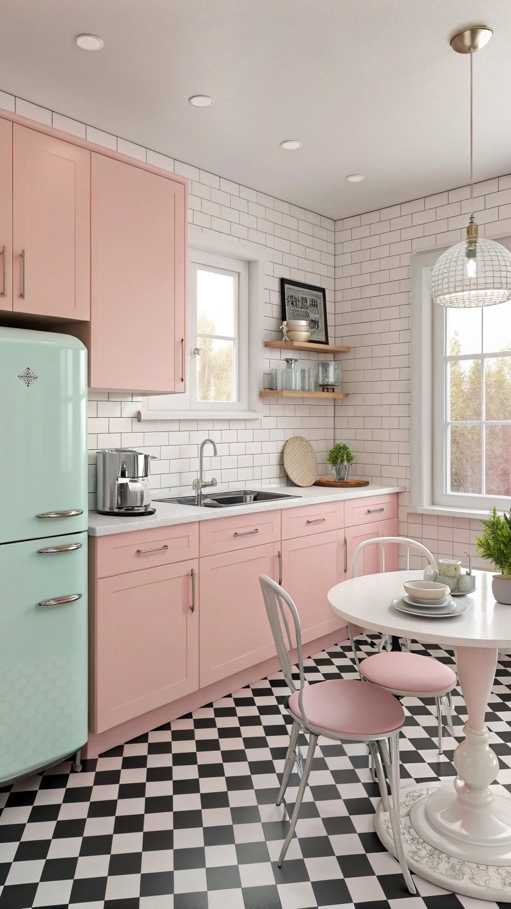 vintage pink bistro kitchen