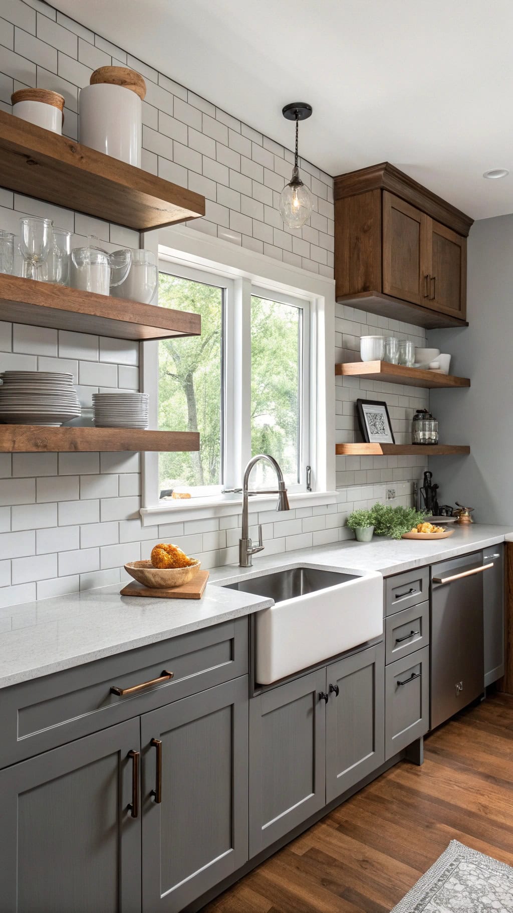 walnut shelving adds warmth