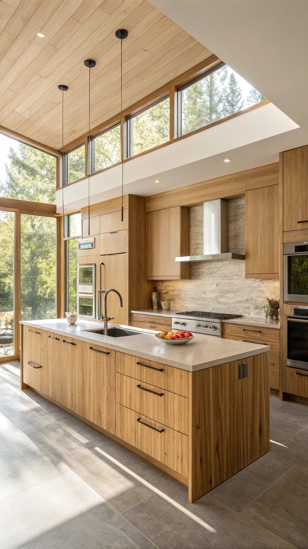 warm open plan hickory kitchen