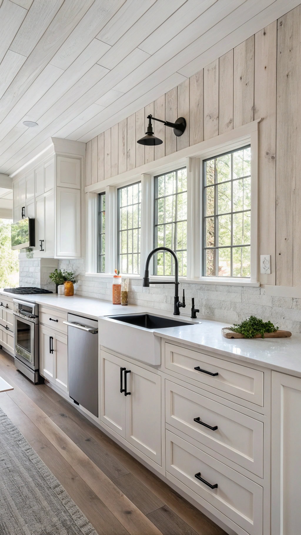 whitewashed wood kitchen backsplash