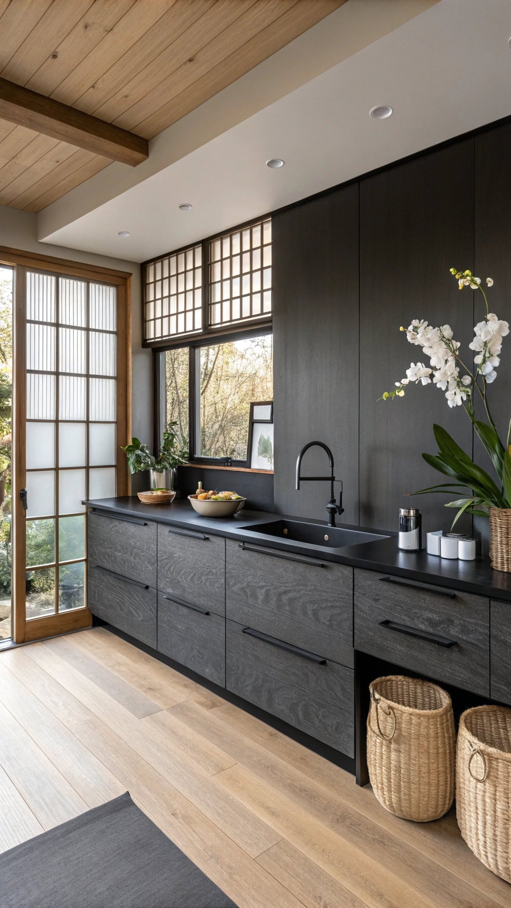 zen inspired black kitchens