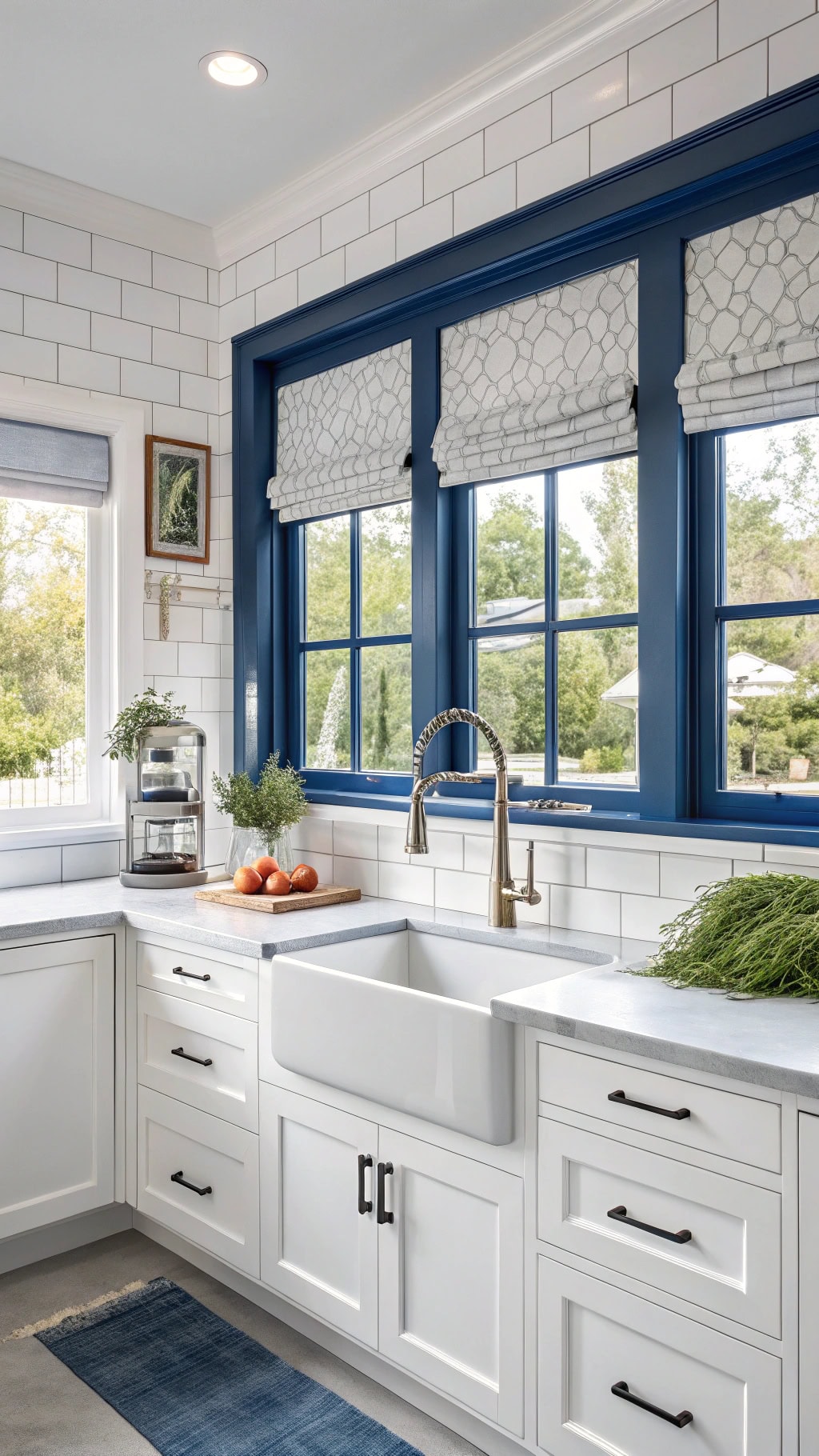blue trim enhances kitchens