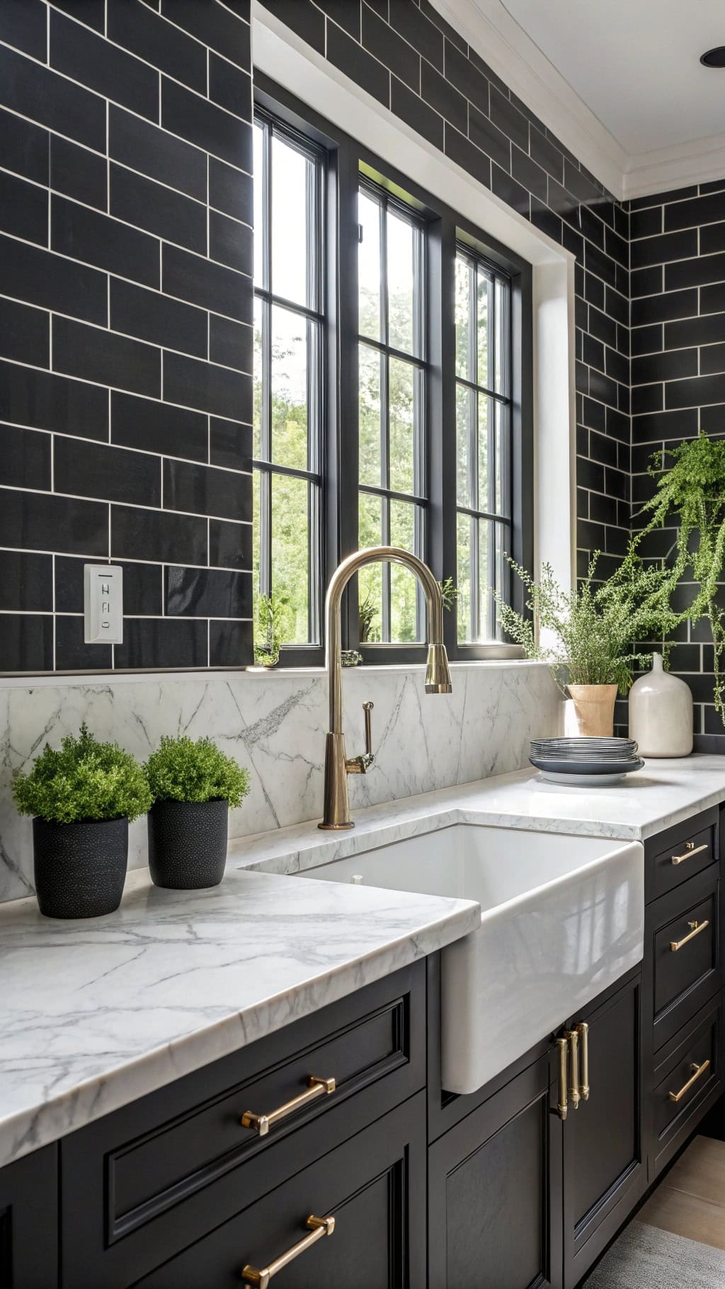 charcoal grout enhances silver fixtures