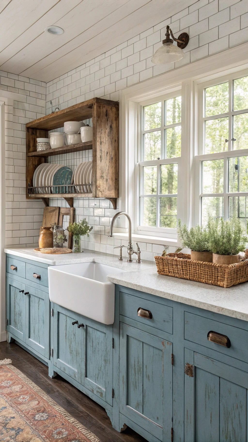 charming distressed blue cabinets