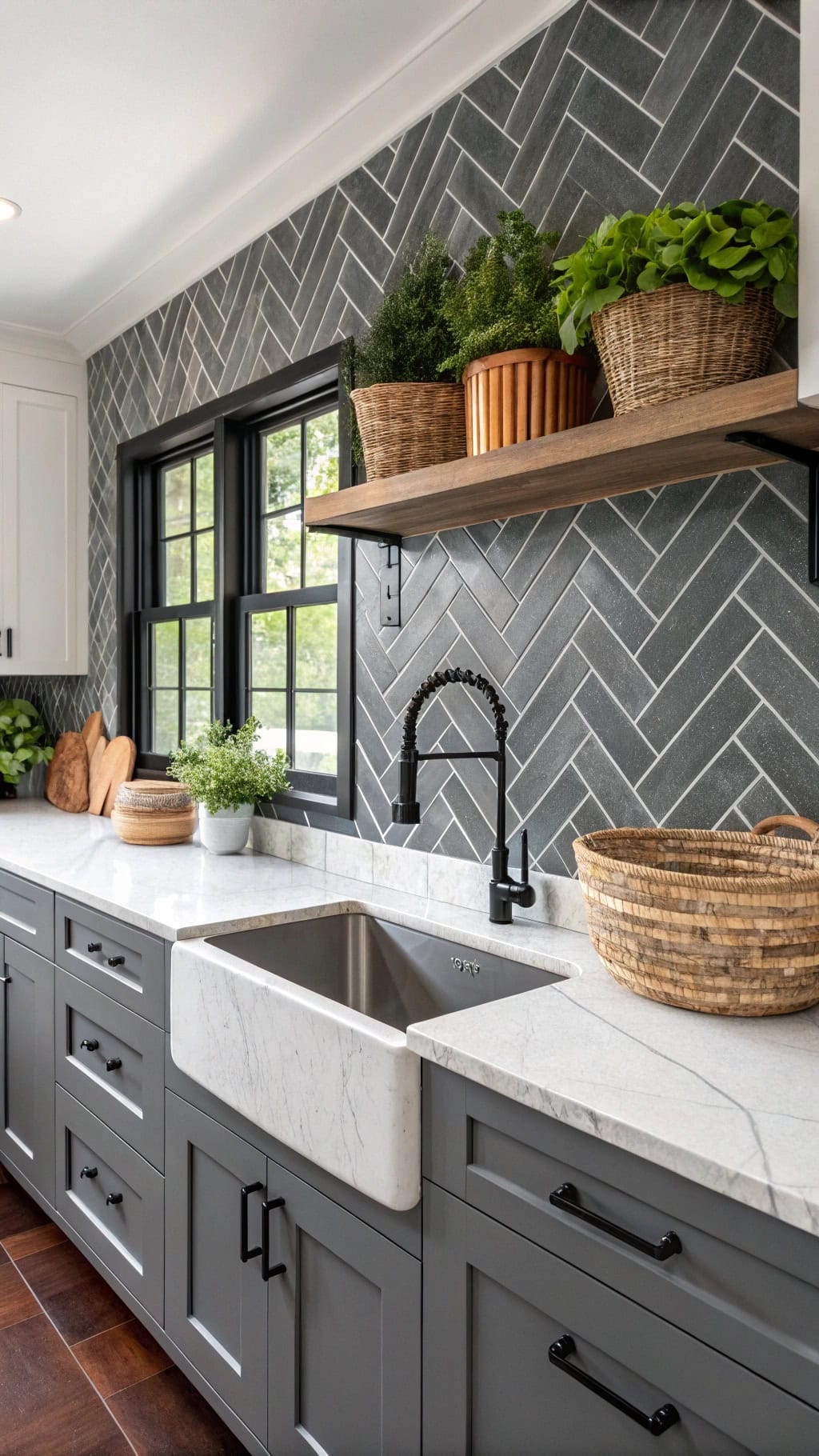 chic gray herringbone kitchen