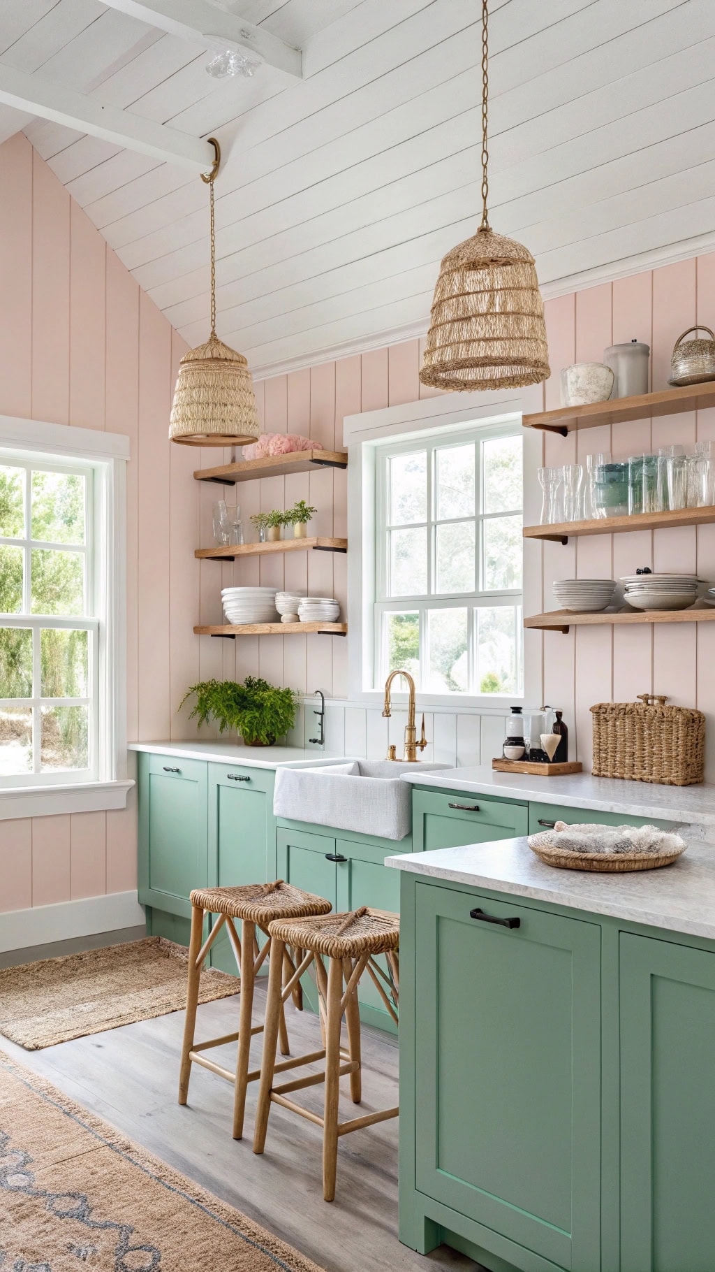 coastal pink shiplap kitchen