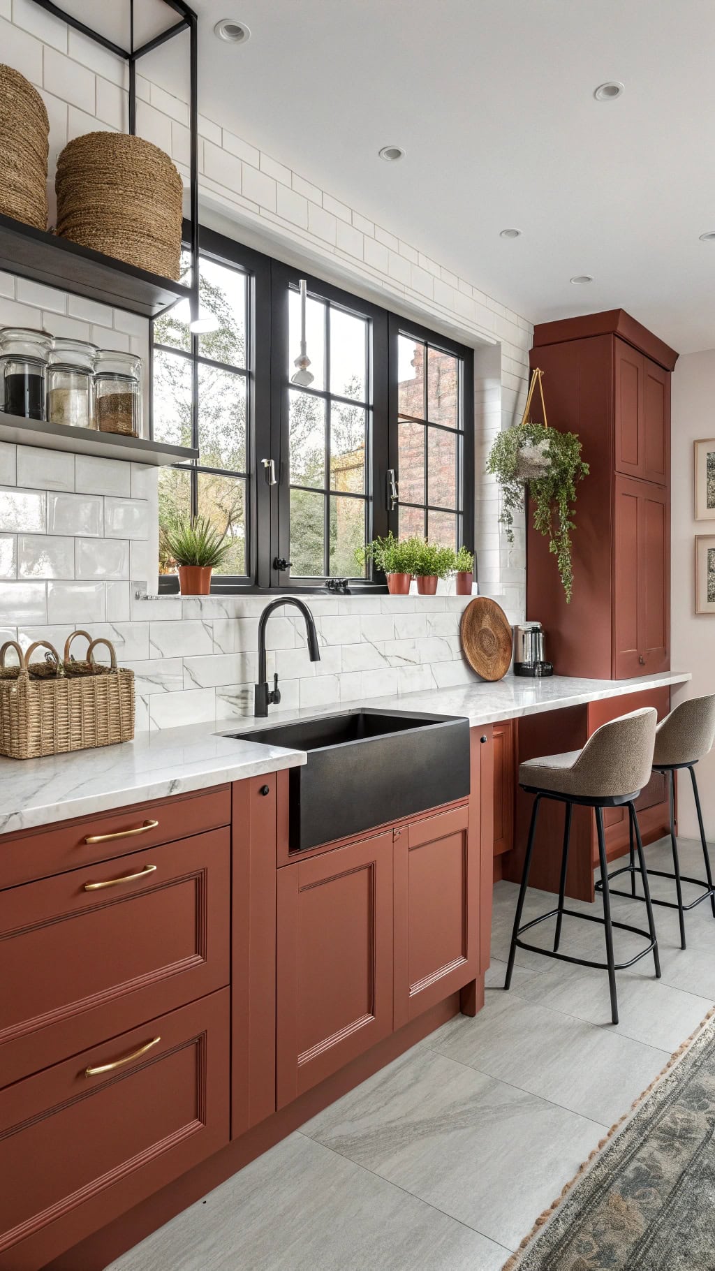 copper infused red kitchen cabinets
