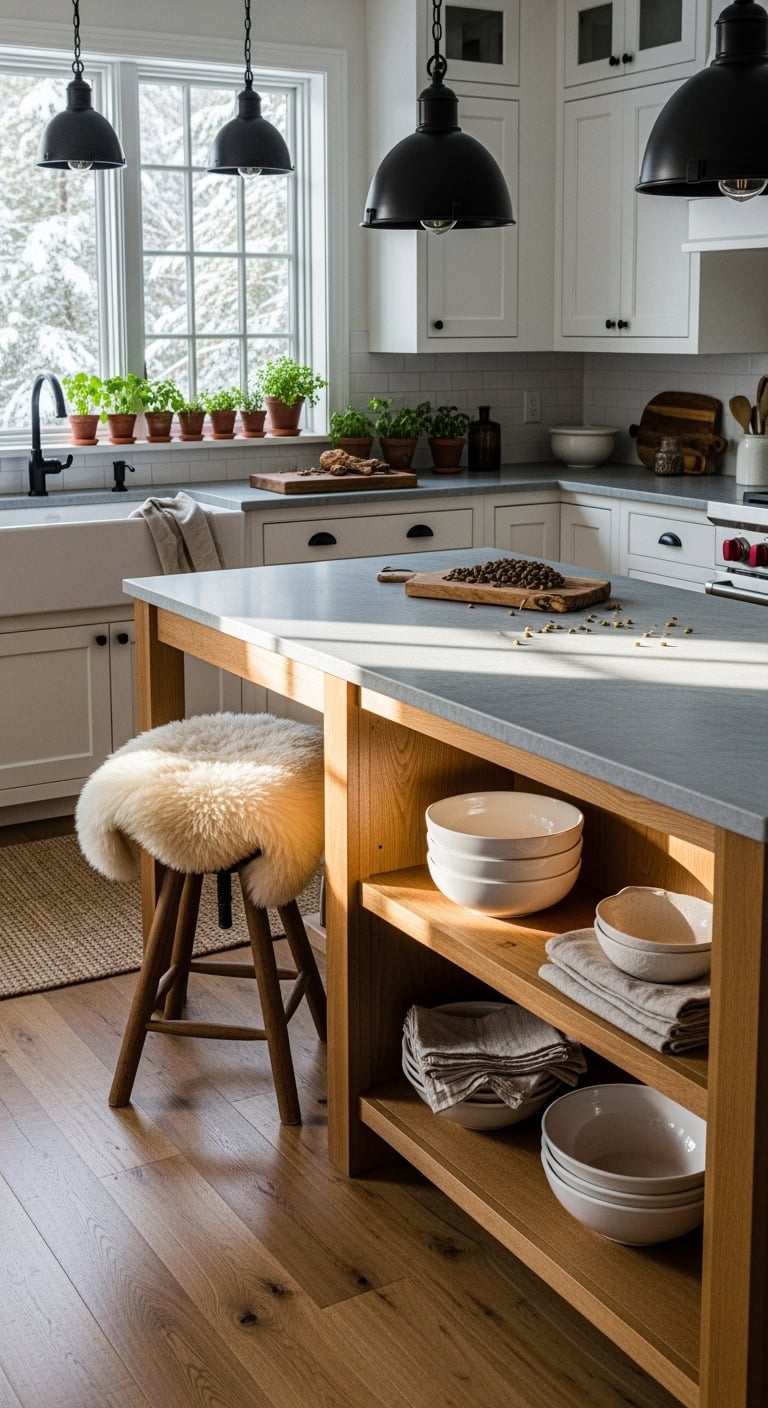cozy natural minimalist scandinavian kitchen island