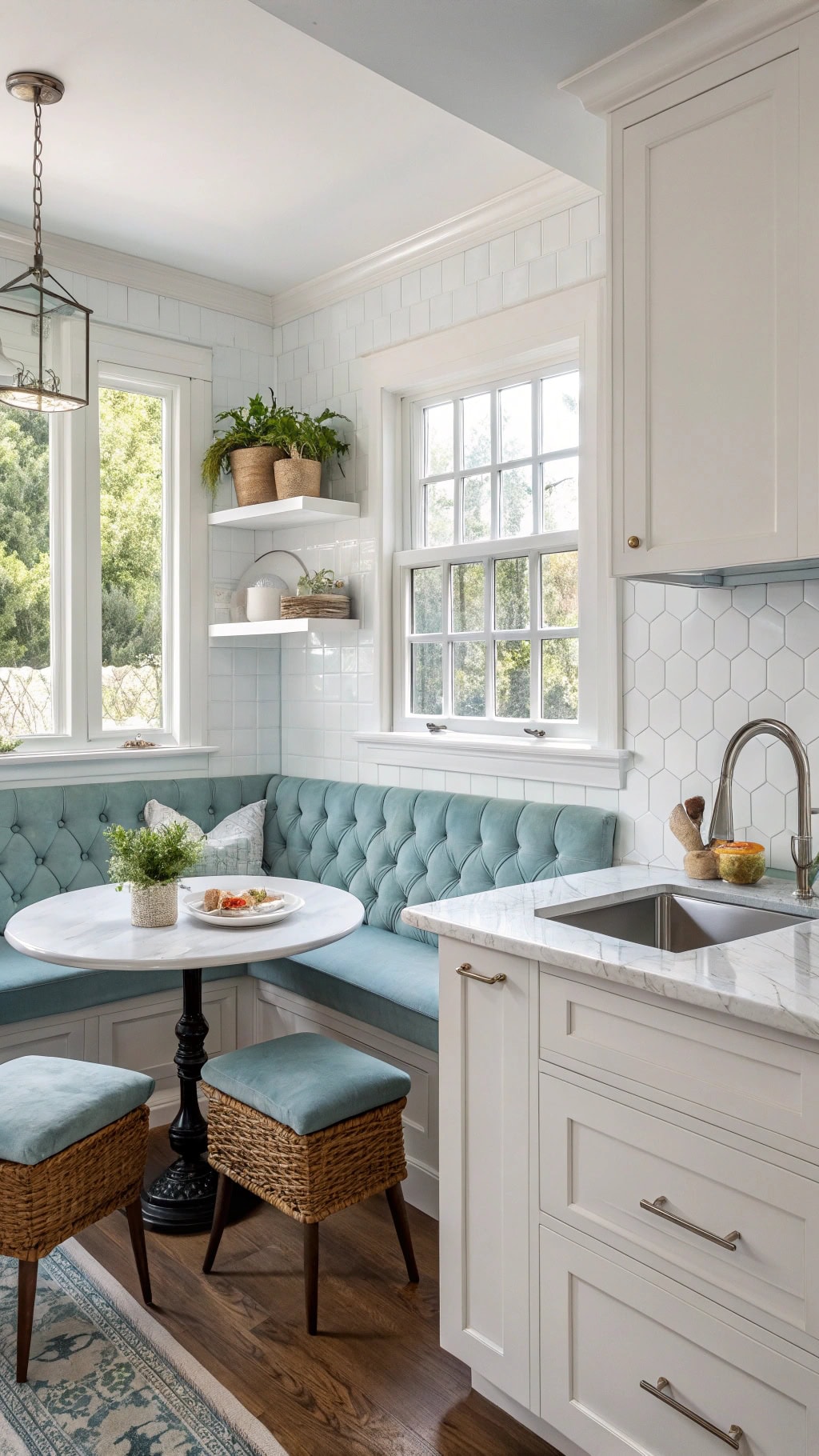 cozy powder blue breakfast nook