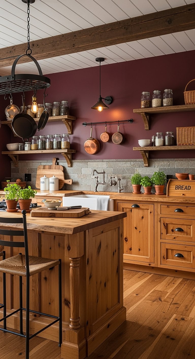 cozy rustic burgundy kitchen