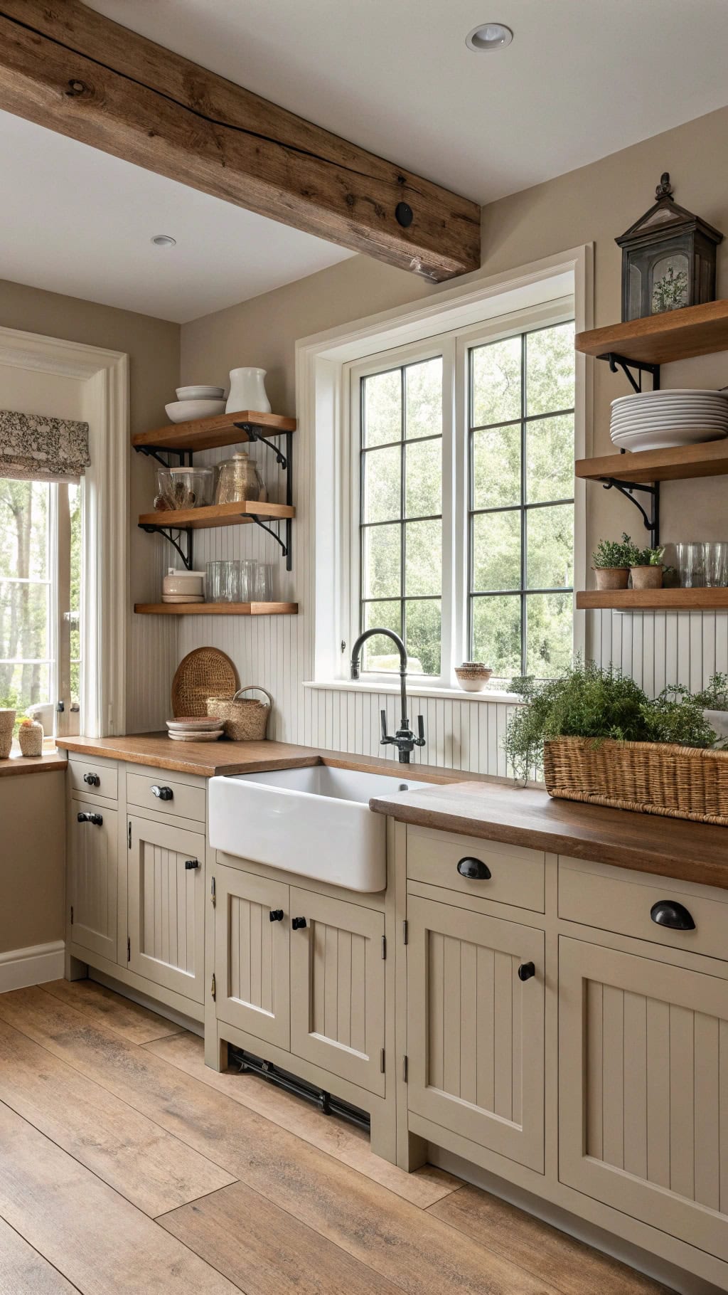 cozy taupe farmhouse kitchen