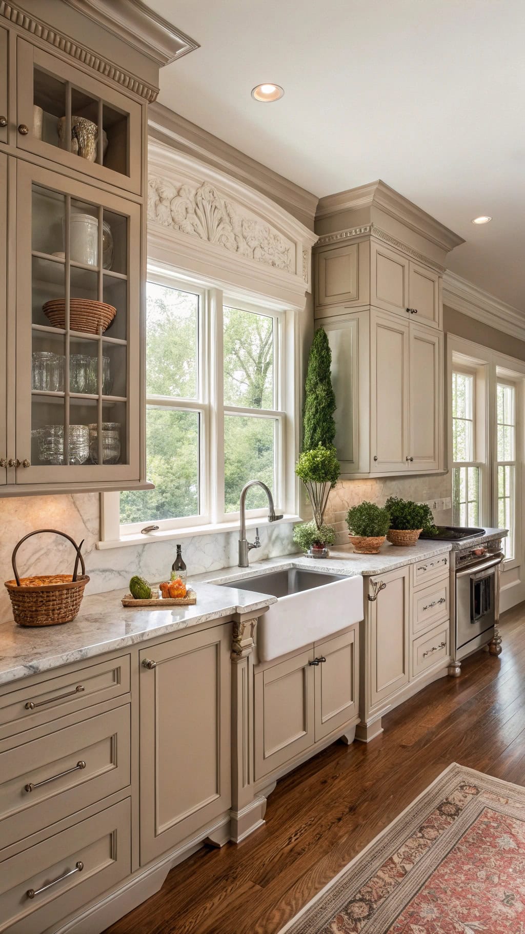 crown molding enhances taupe cabinets