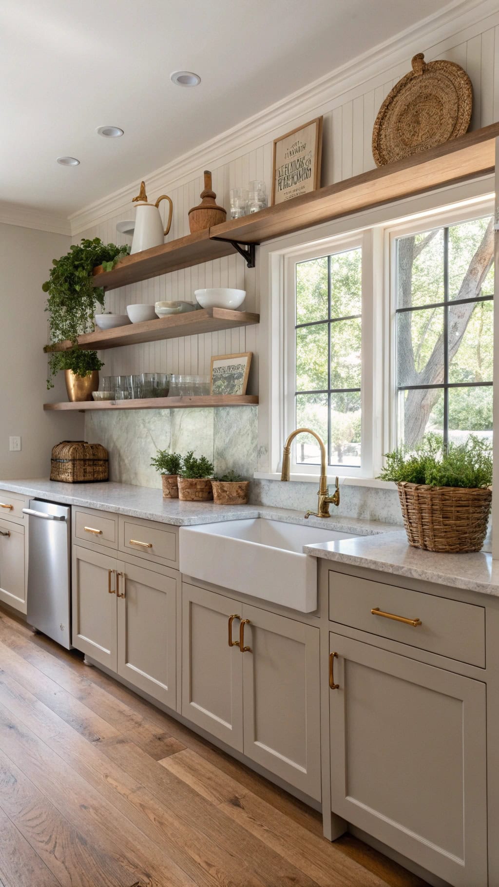 curated taupe open shelving