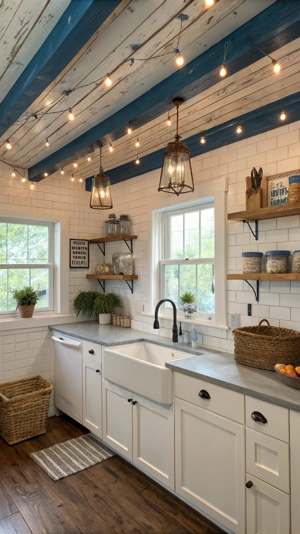 denim blue farmhouse ceiling beams