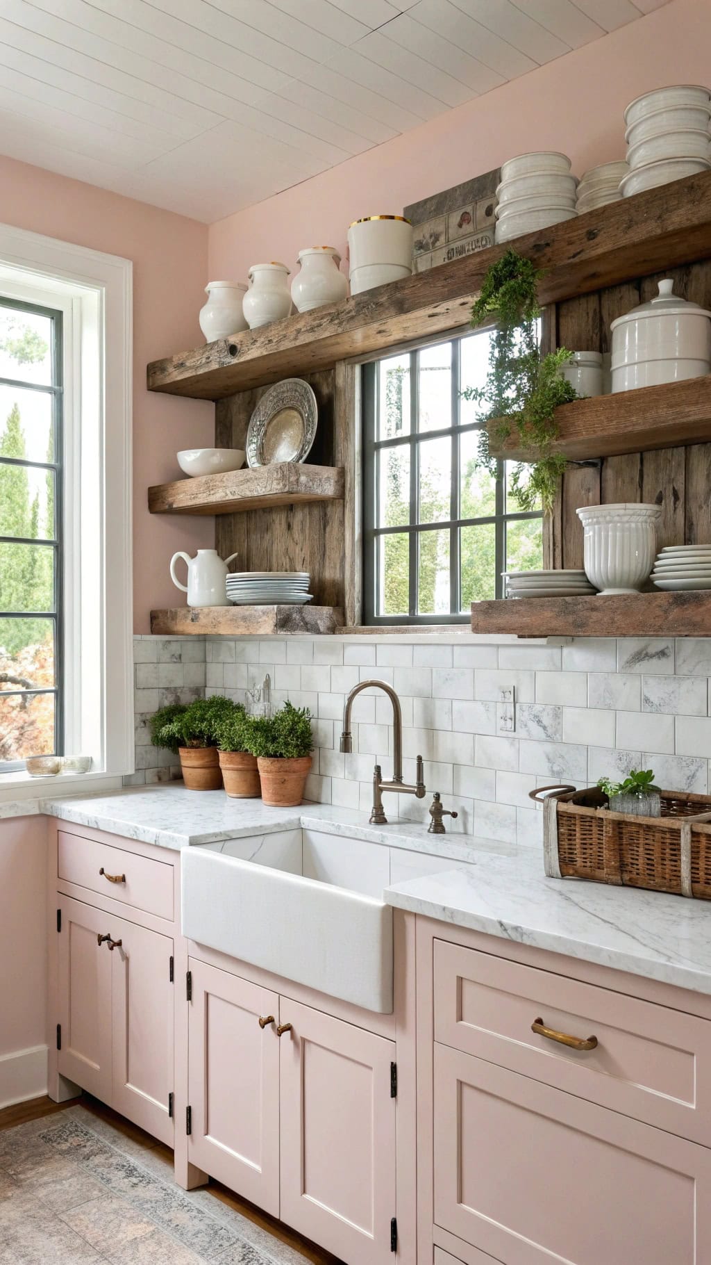 distressed wood open shelving