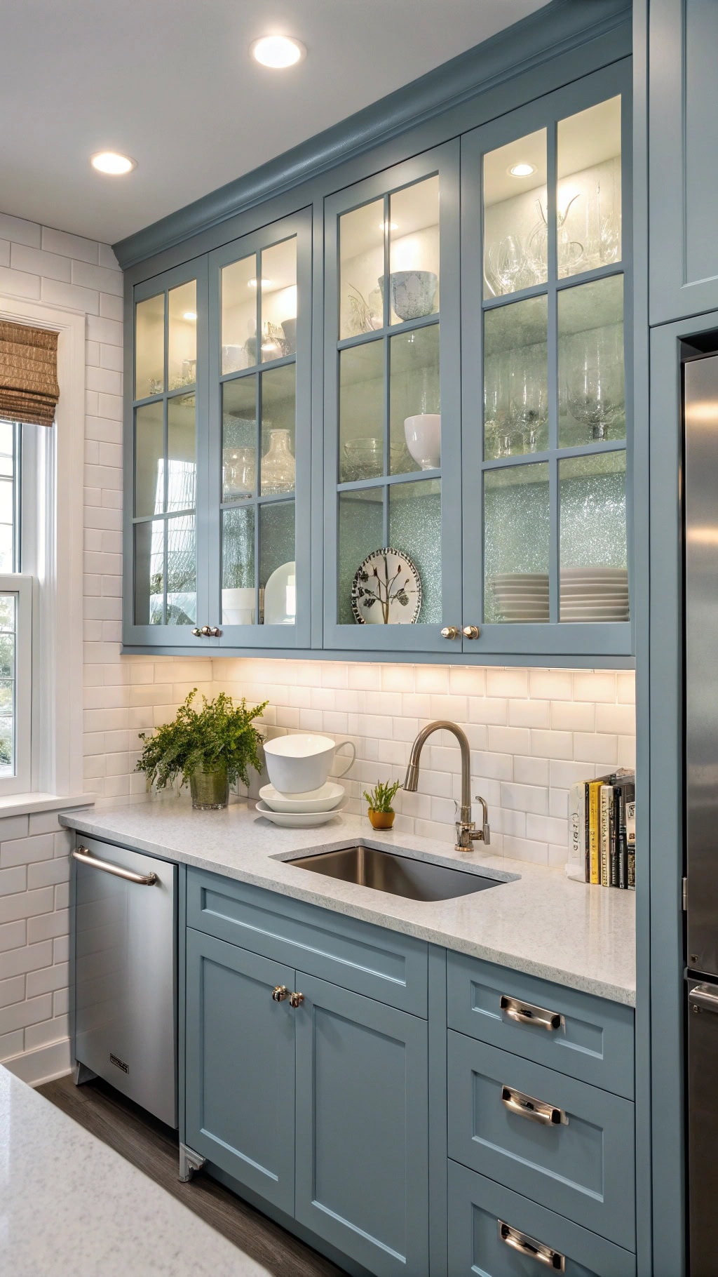 dreamy blue glass cabinets
