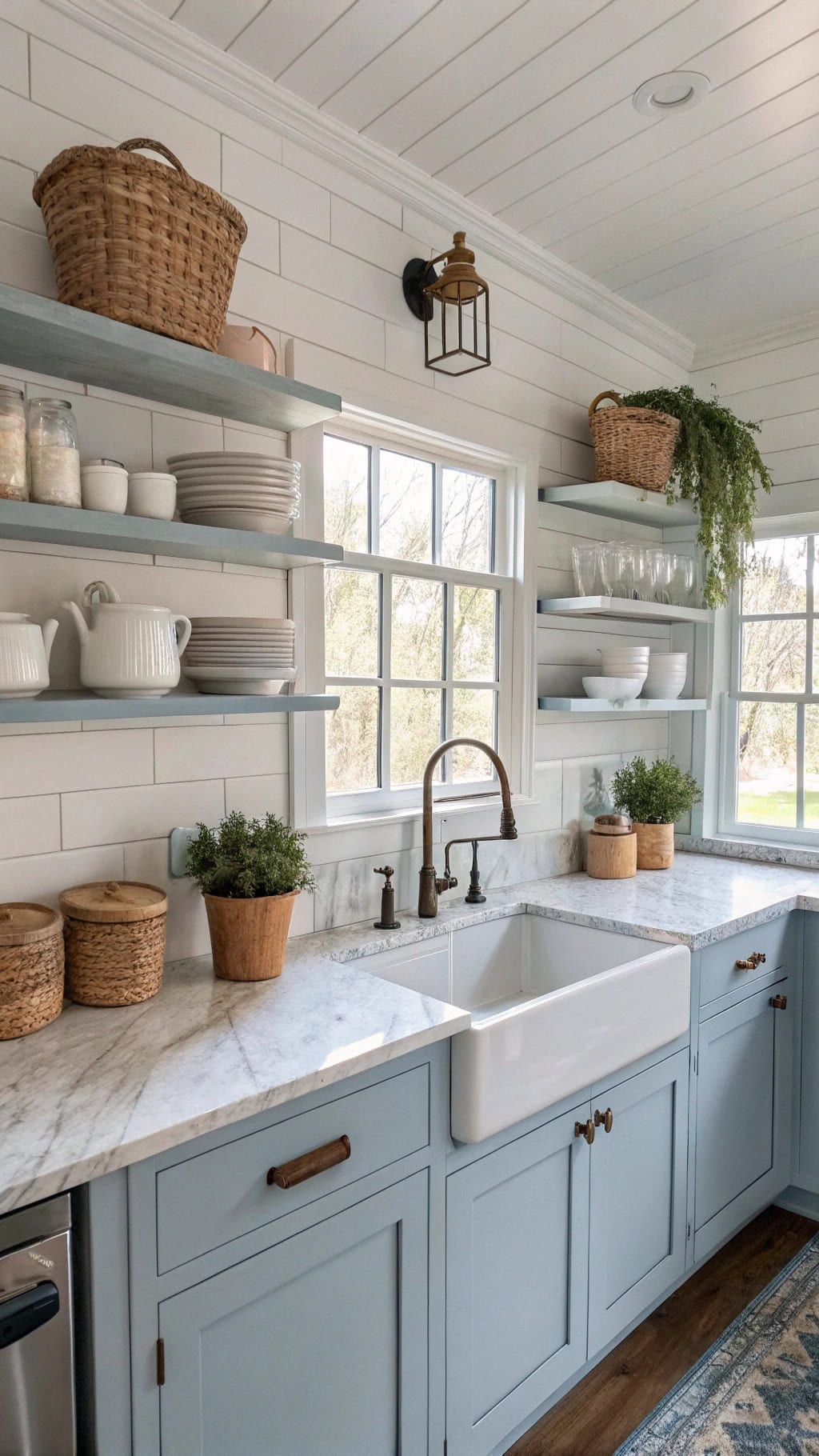 dusty blue kitchen shelves