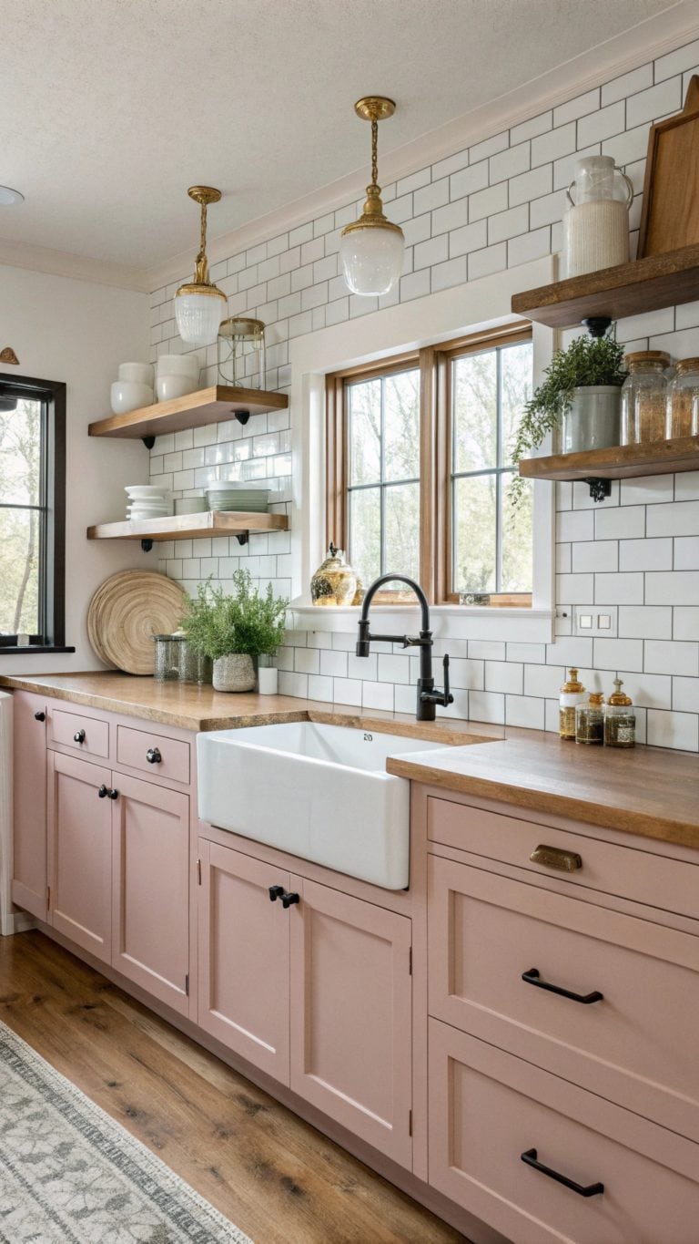 dusty pink farmhouse kitchen
