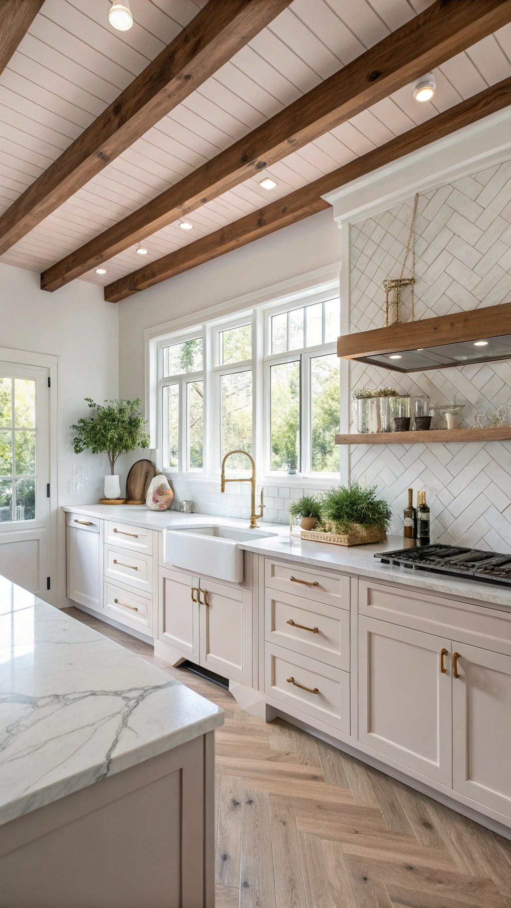 dusty rose ceiling beams
