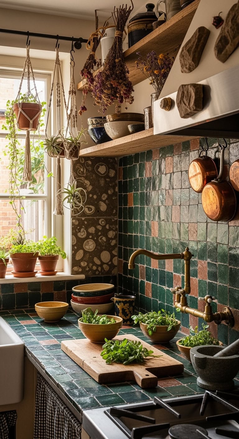 eclectic bohemian stone kitchen backsplash