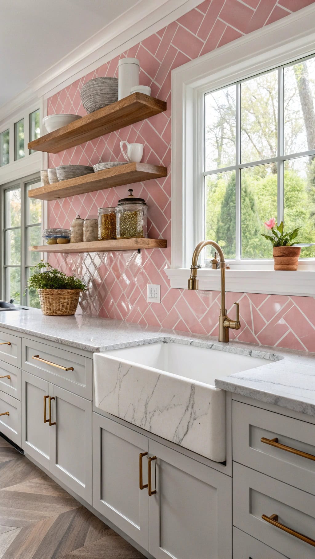 flamingo pink herringbone tiles