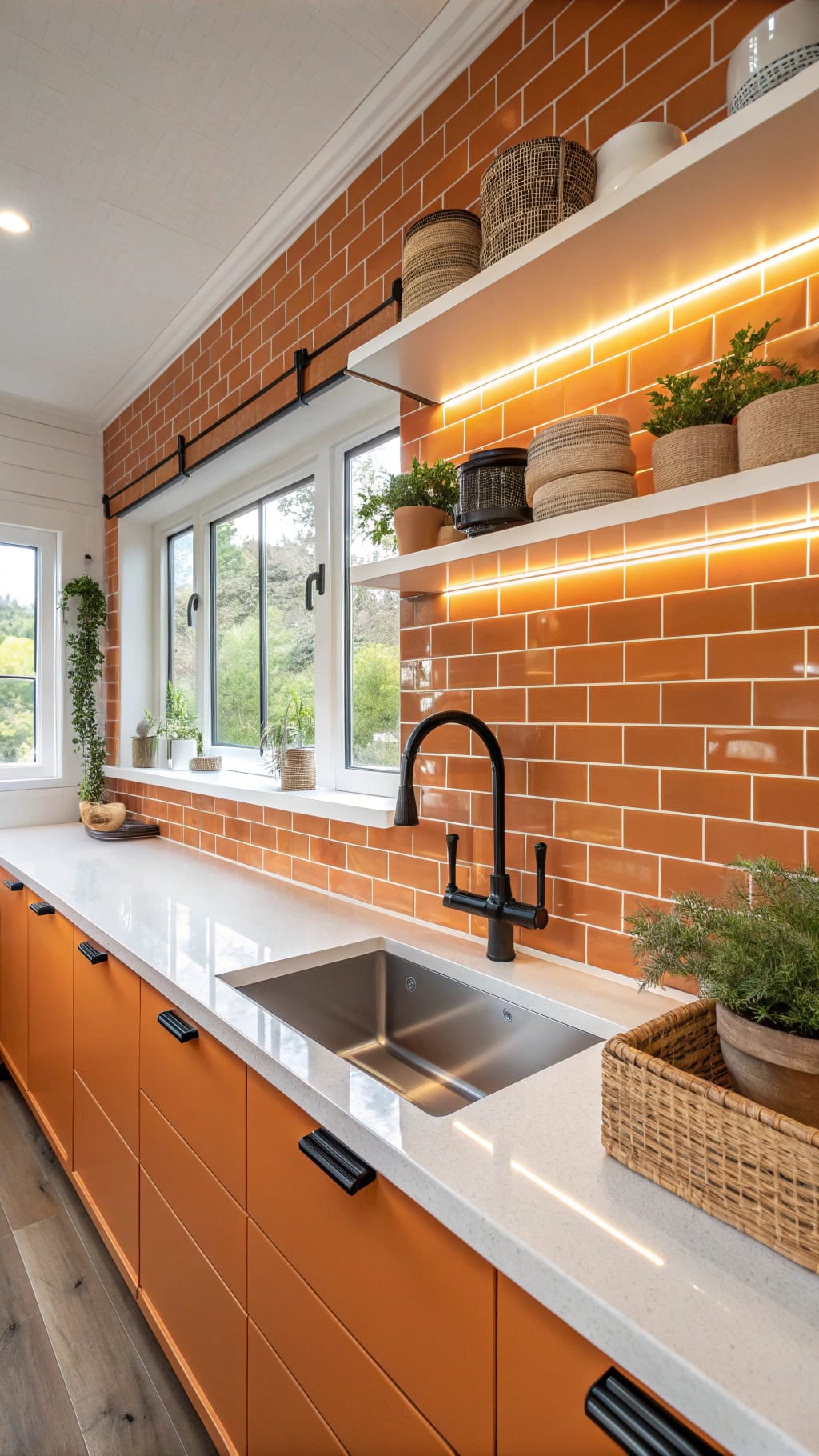 glossy orange tile backsplash