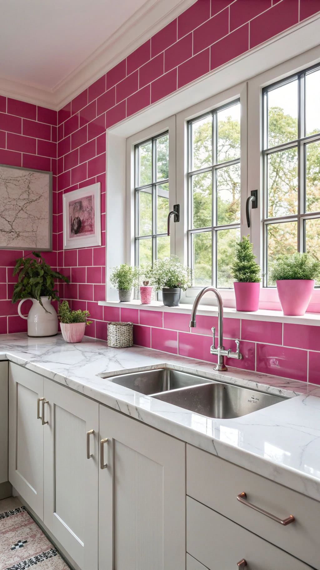 glossy pink subway tiles