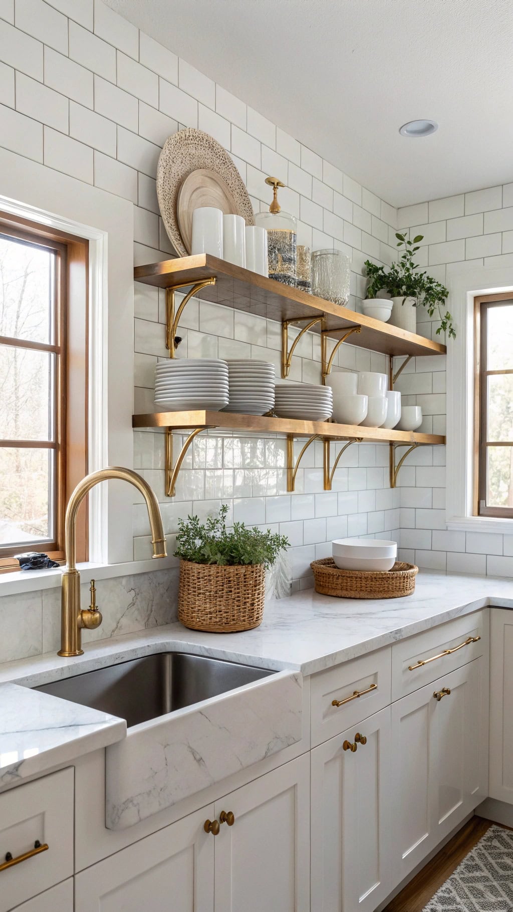 gold trimmed open shelving elegance