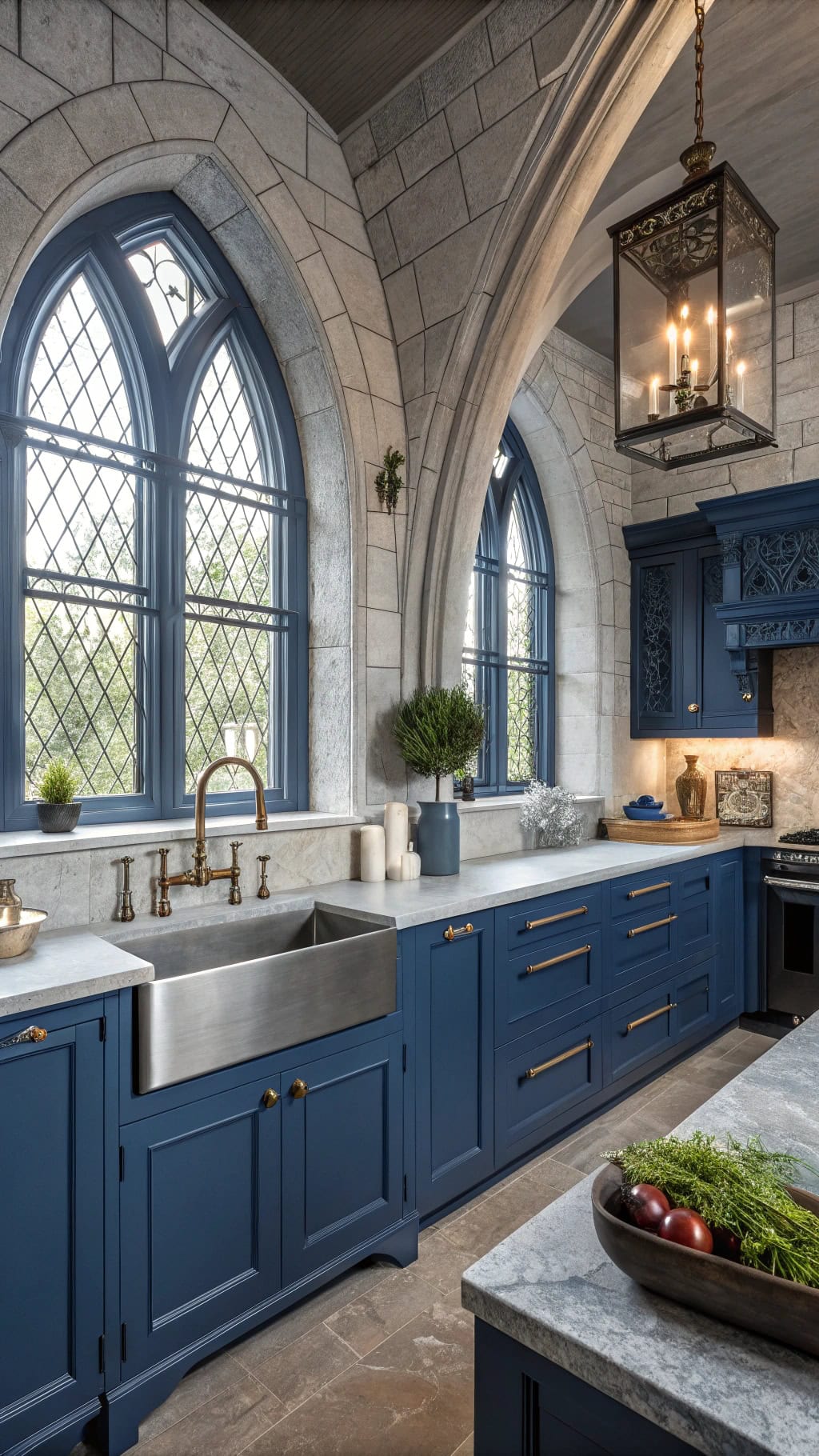 gothic blue archway kitchen