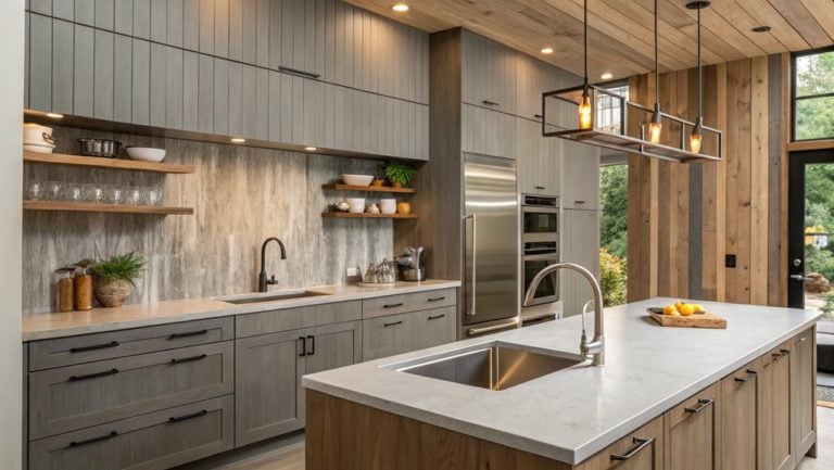 gray and wood kitchens