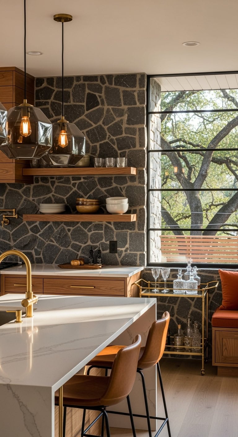 midcentury modern stone wall sophistication