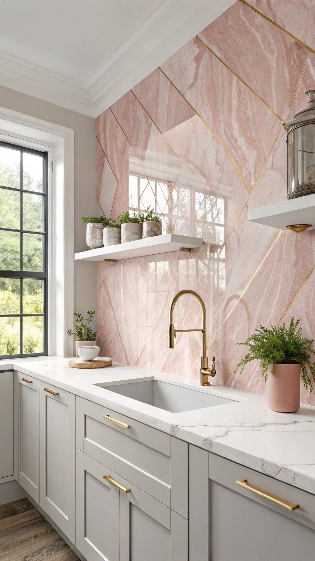 monochromatic pink marble backsplash