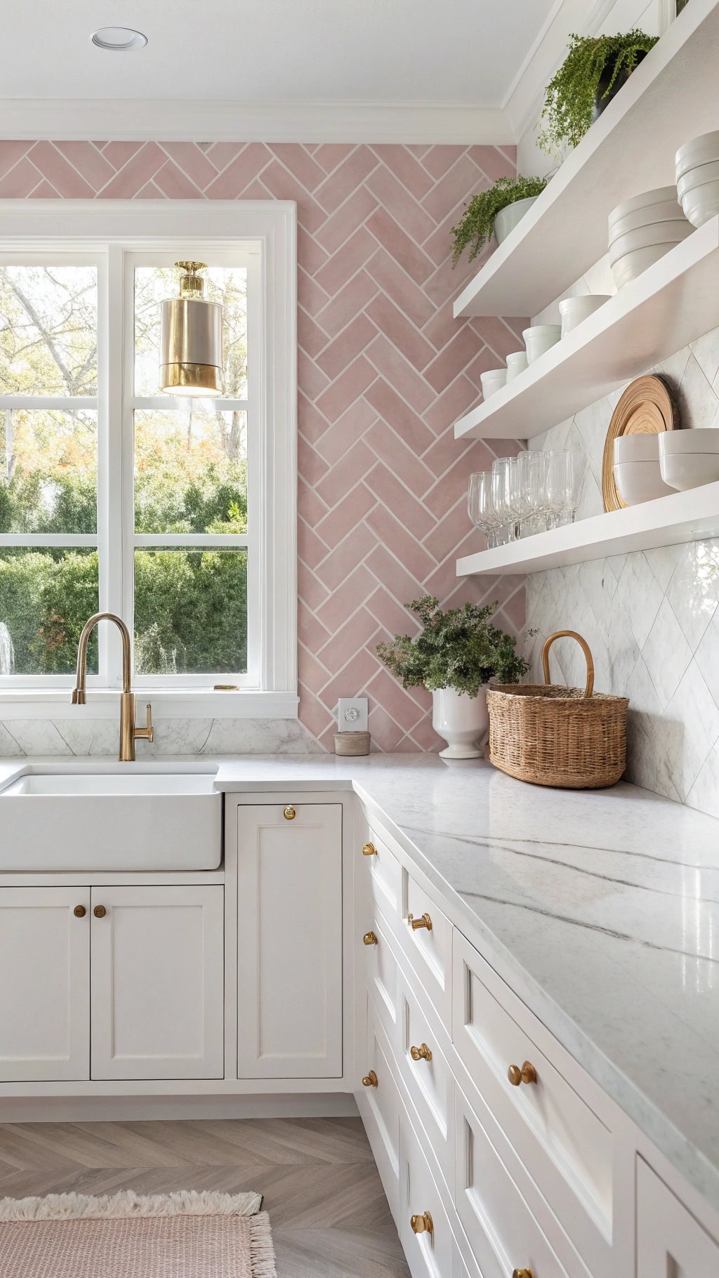 pastel pink chevron backsplash