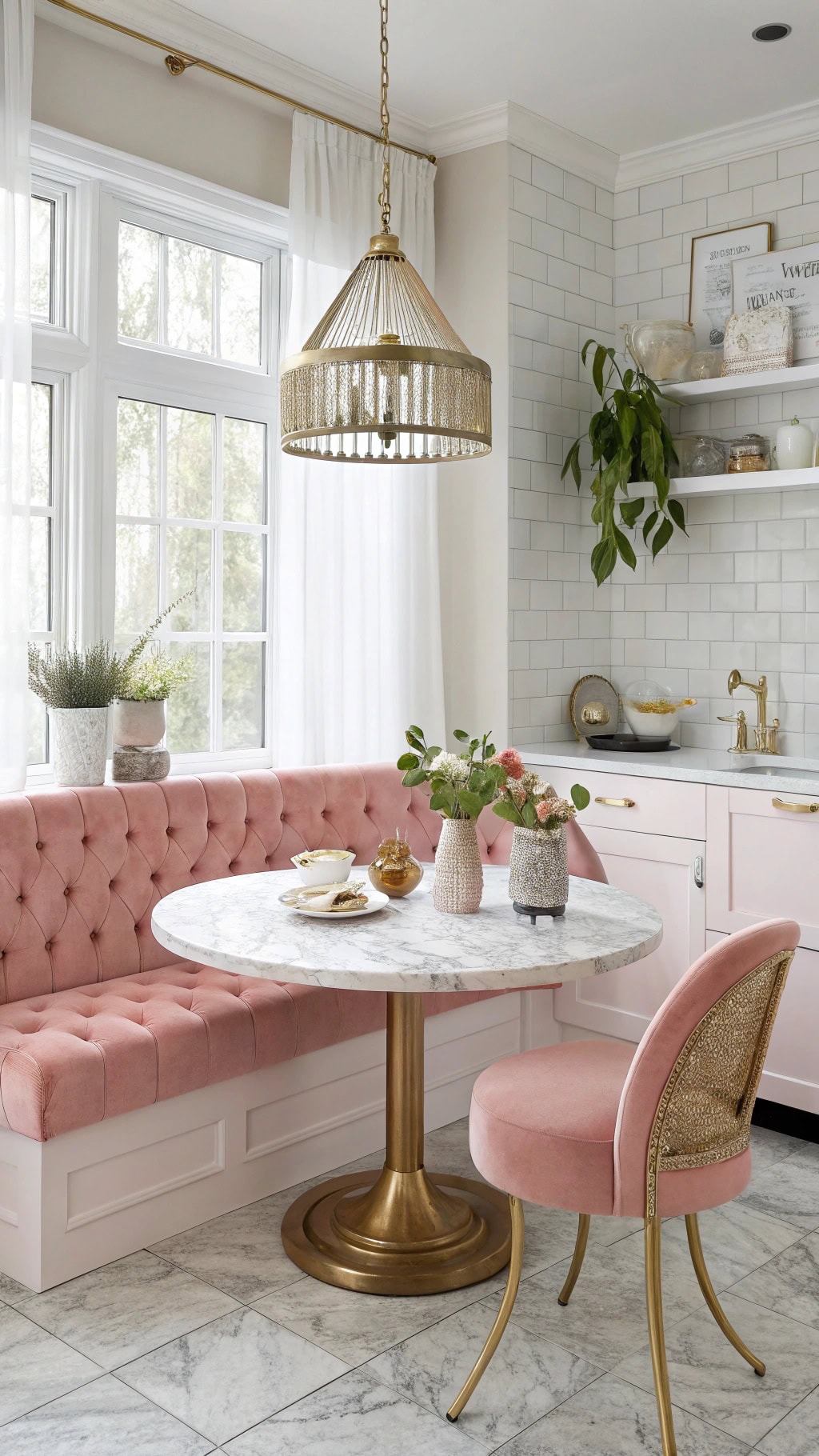 pink velvet breakfast nook