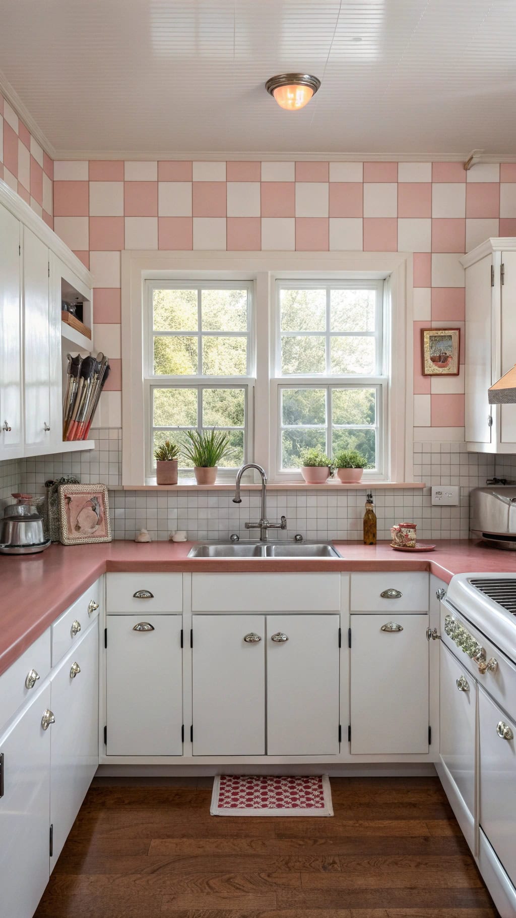retro pink checkerboard kitchen