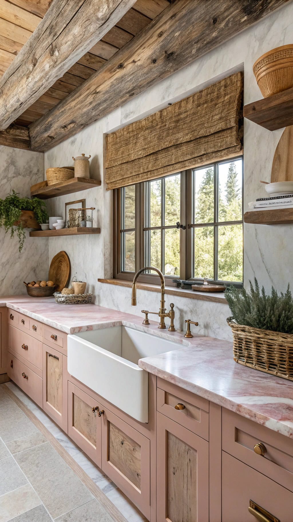 rustic wood complements pink marble