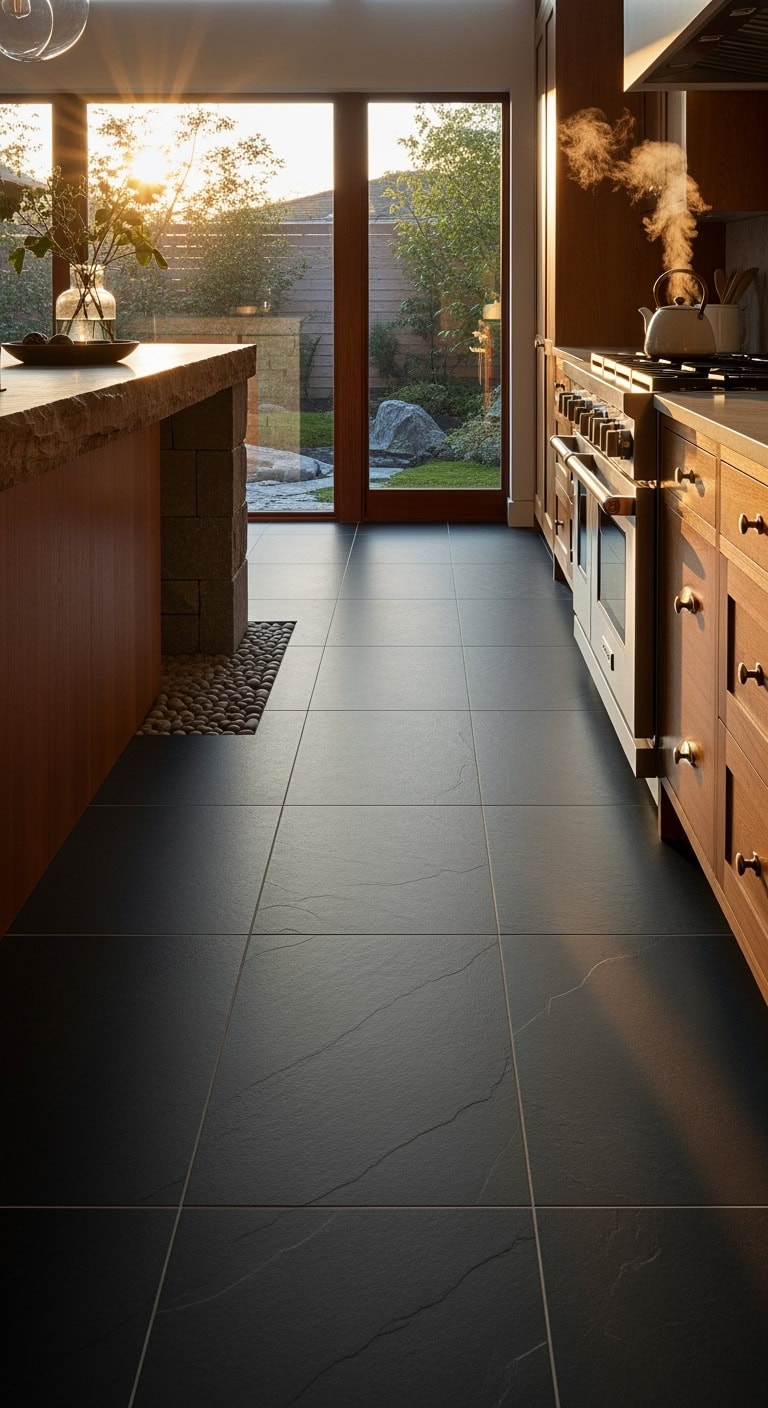 serene natural calming minimalist kitchen floor