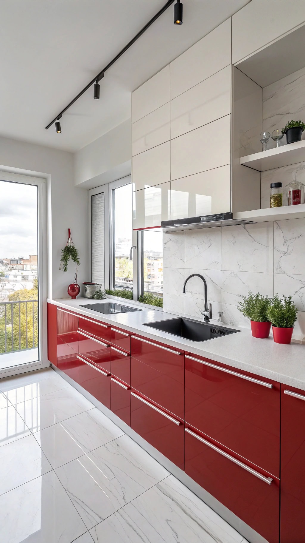 sleek crimson minimalist kitchen