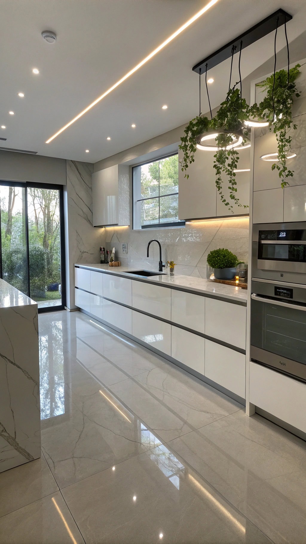 sleek glossy kitchen flooring