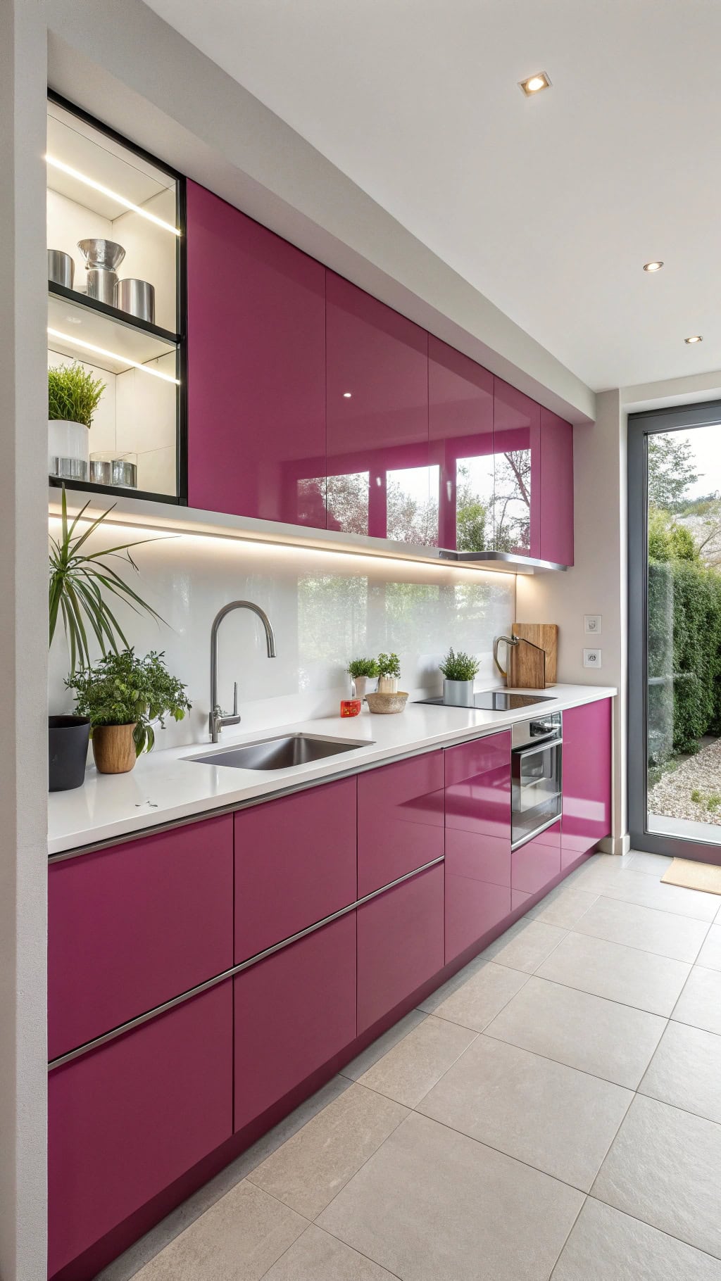 sleek handleless fuchsia cabinetry