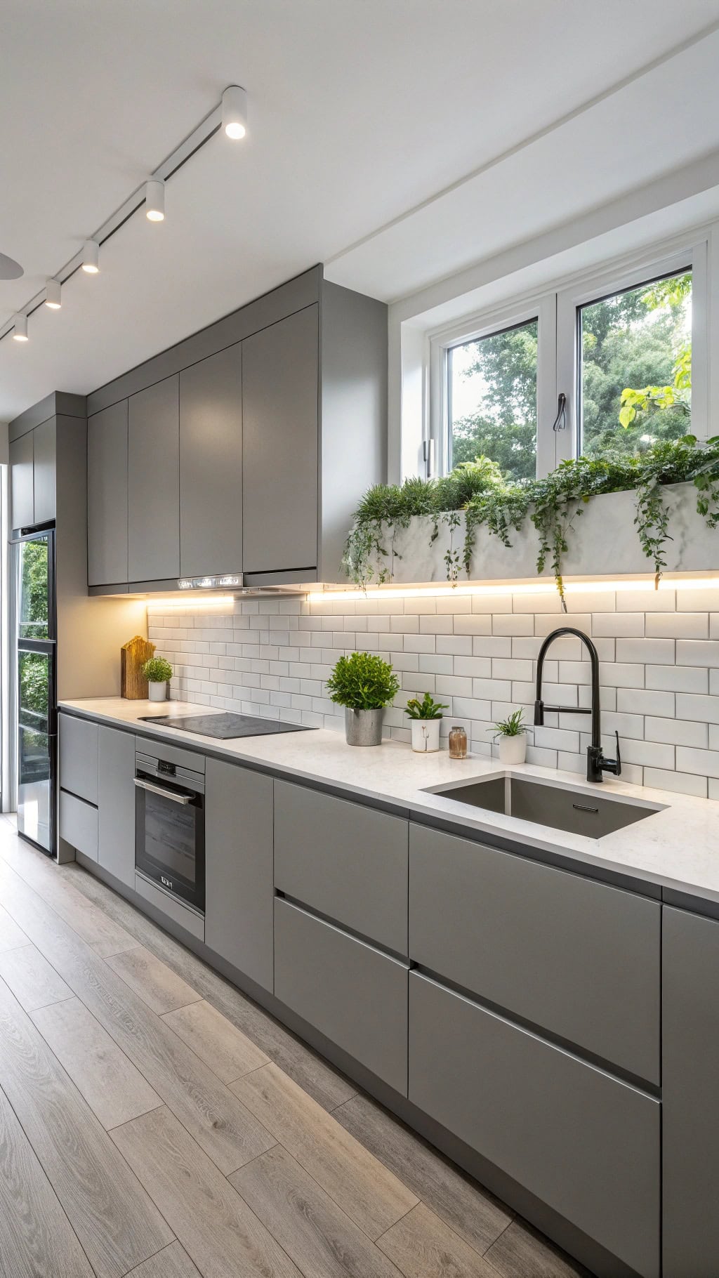 sleek minimalist gray kitchen