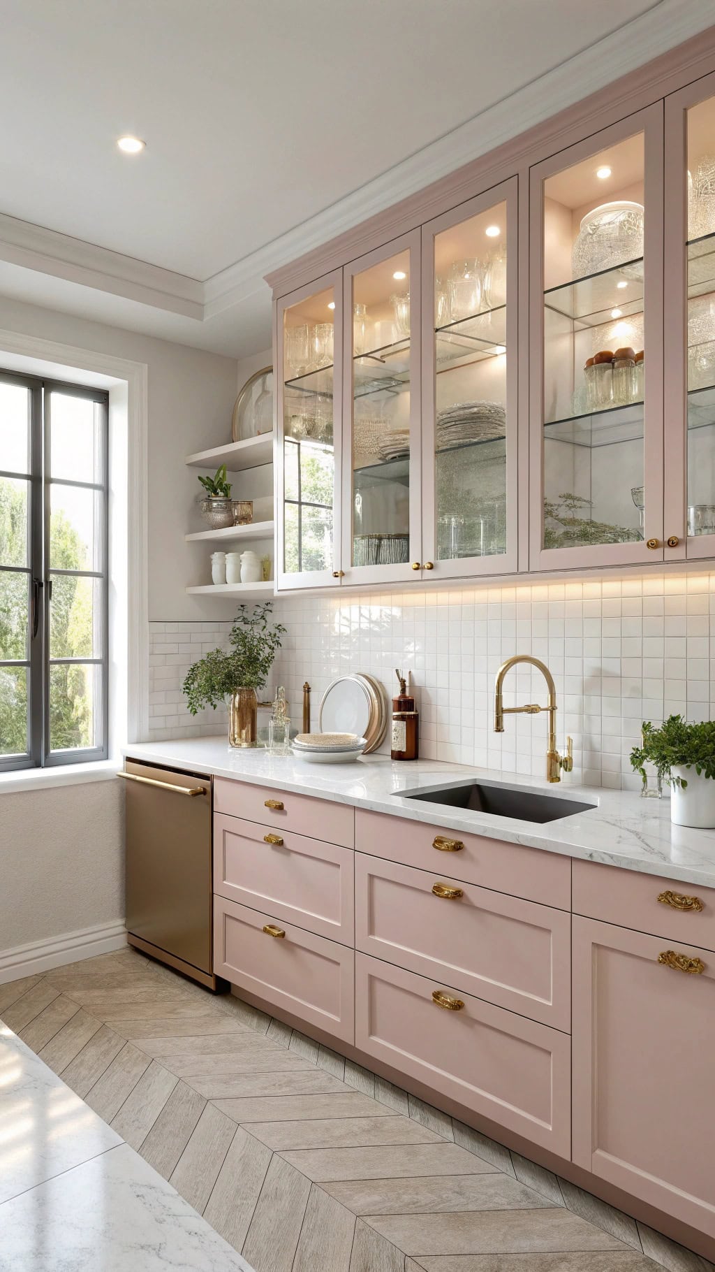 sleek pink glass cabinets