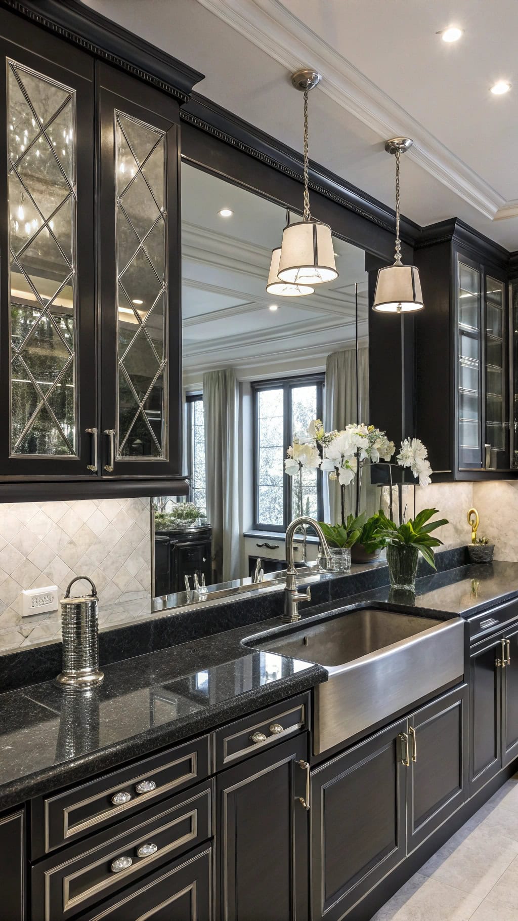 sleek reflective cabinet doors