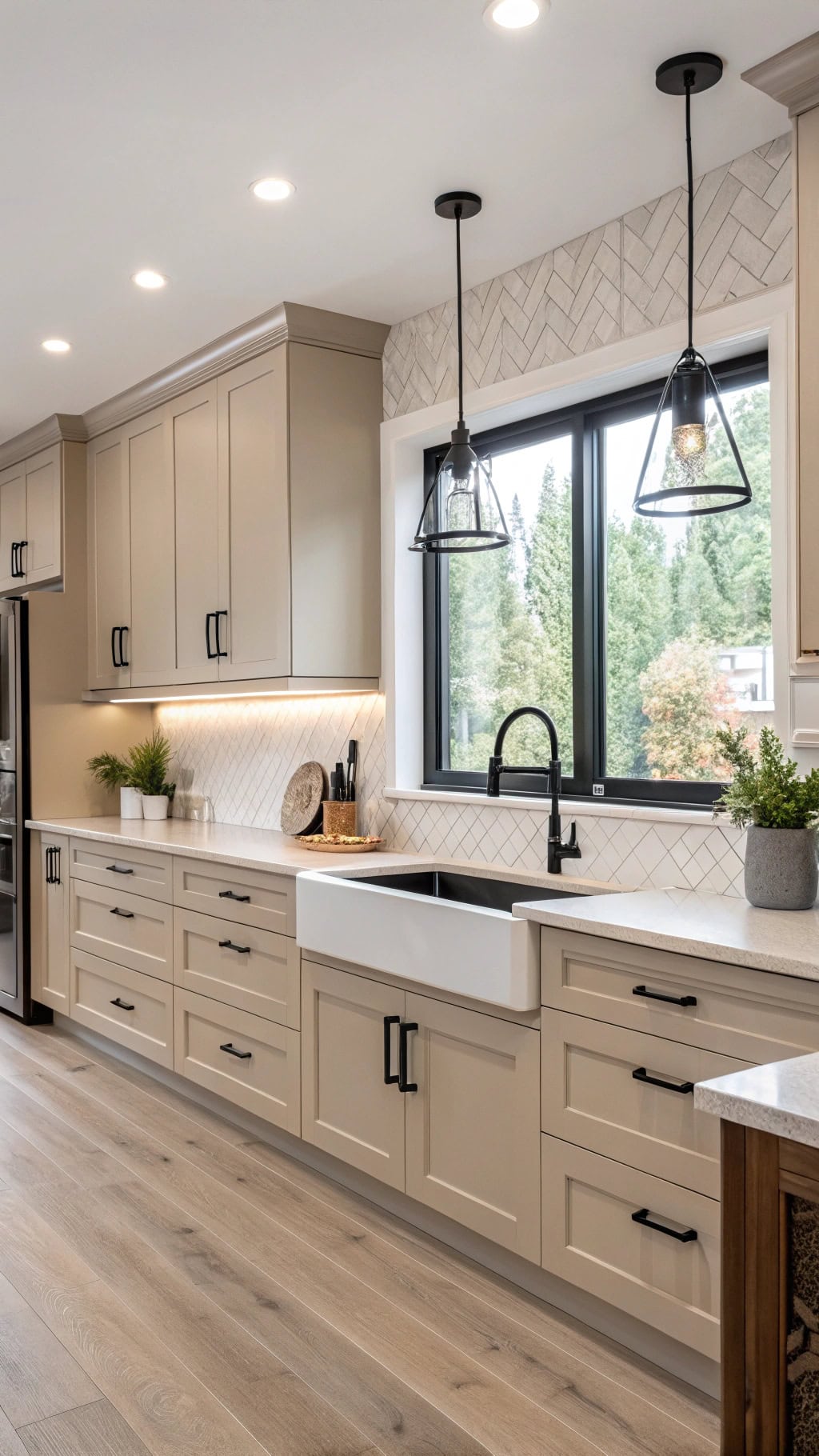 sleek taupe black kitchen design