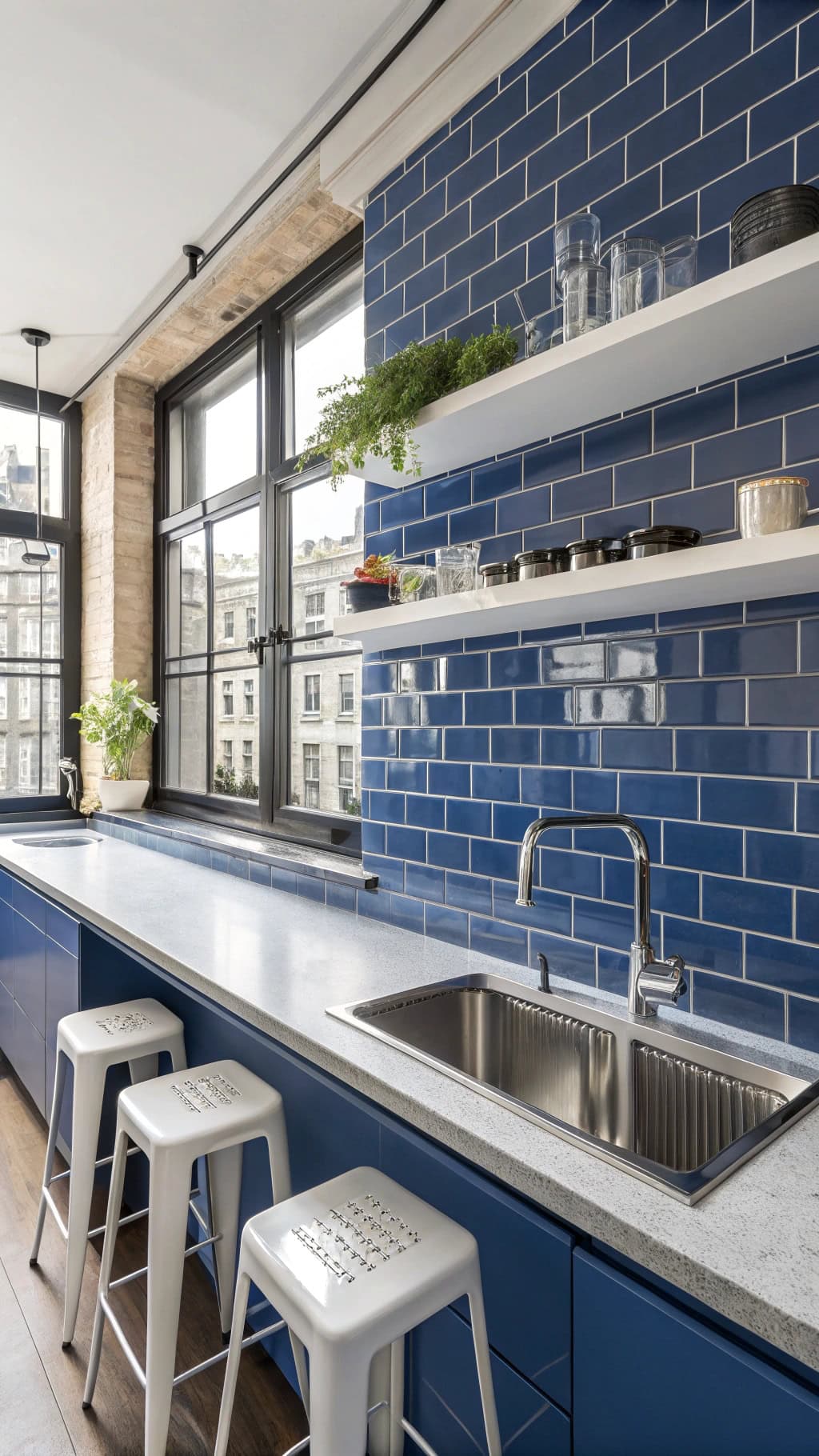 stylish blue subway backsplash