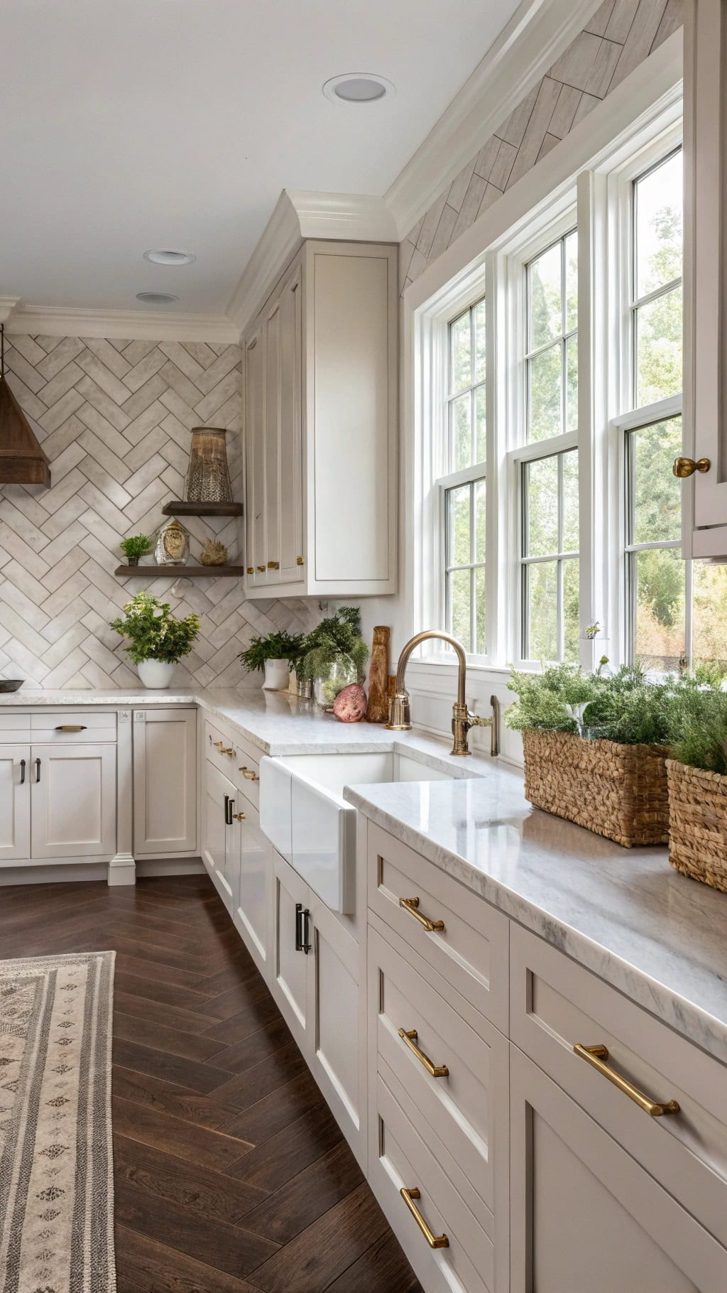 timeless taupe herringbone backsplash
