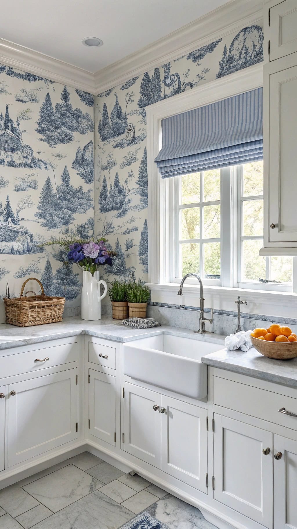 toile wallpaper kitchen accents