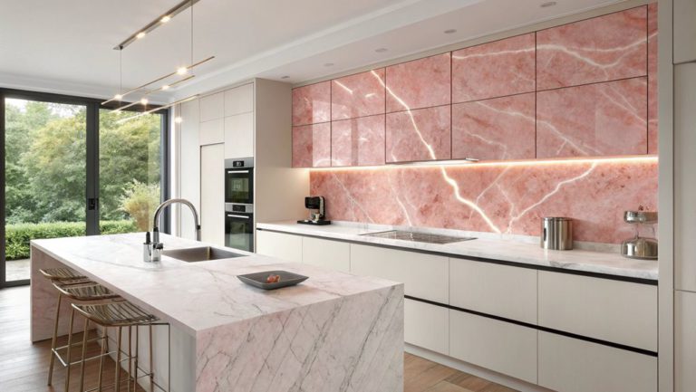 varied pink and white kitchens