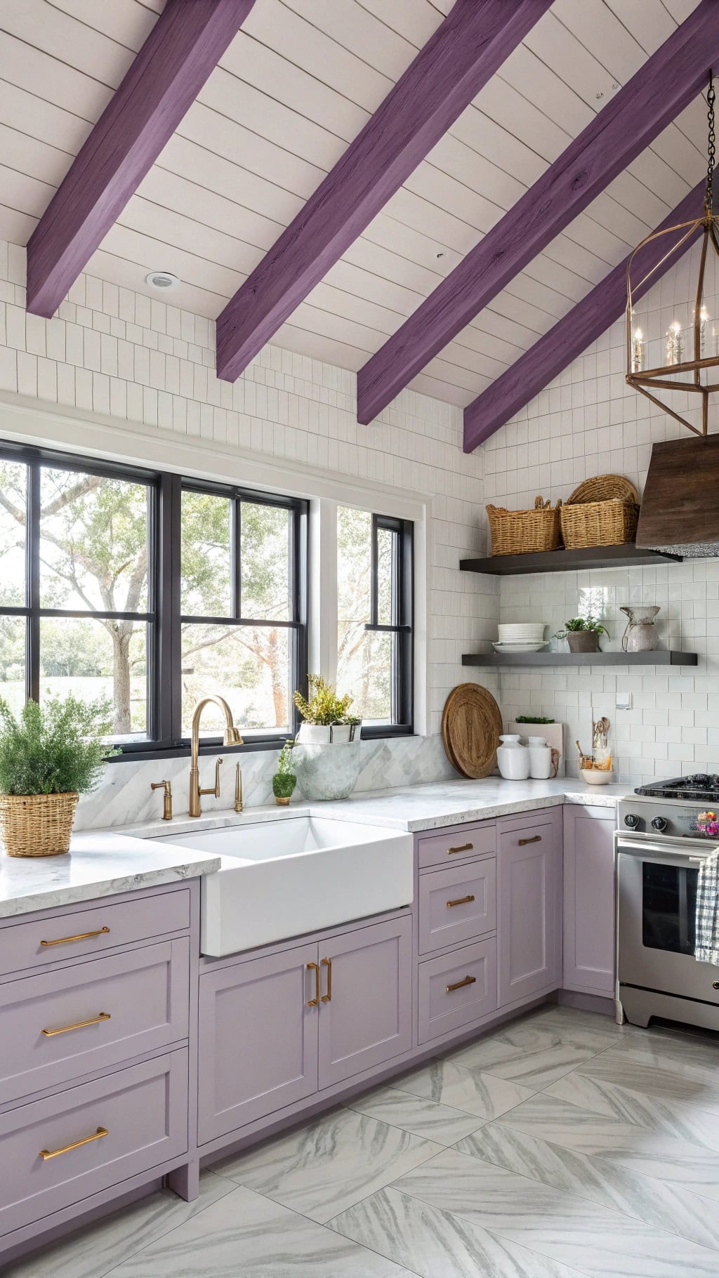 vibrant purple ceiling beams