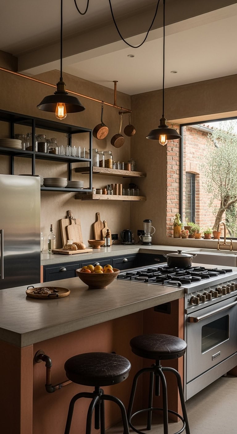 warm industrial terracotta kitchen style